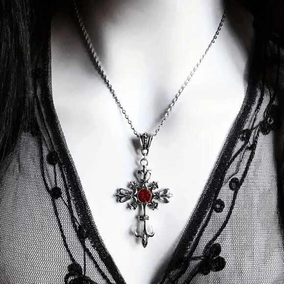 Stainless Steel Ruby Cross Unisex Pendant Necklace - Picture 1 of 8